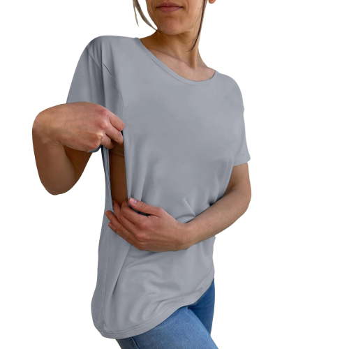 HOT SALE!!Nursing Breastfeeding Shirts for Maternity Women Summer Comfort Tops Friendly Zip T Shirts Women's Solid Color Round Tie Zipper Loose Casual Short Sleeved Top Grey M