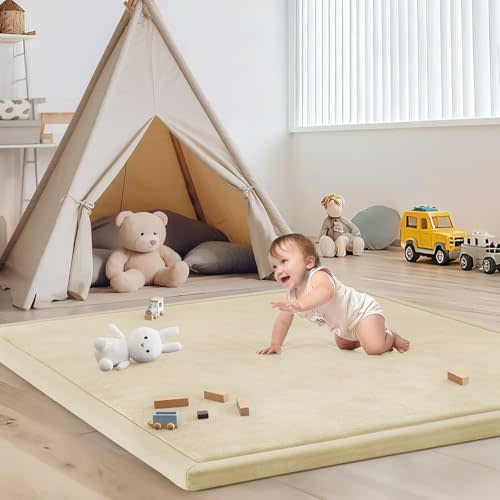 ILPEOD Baby Play Mat for Floor Tummy Time Mat Nursery Rug Muscle Mat Area Rug Playroom Rug Tatami Mat 50 * 50" Memory Foam 1.3" Thick Crawling Mat for Babies,Toddlers, Infants, (Light Beige)