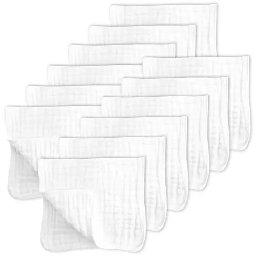 SWEET DOLPHIN 12 Pack Muslin Burp Cloths Large 100% Cotton Hand Washcloths for Baby - Baby Essentials Extra Absorbent and Soft Boys & Girls Milk Spit Up Rags for Newborn Registry - White, 20" X10"