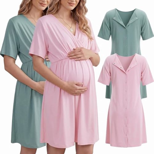 Cutecrop 2 Pack Labor and Delivery Gown for Hospital Maternity Nursing Short Sleeve Gown Button Back Birth Recovery Sleepwear