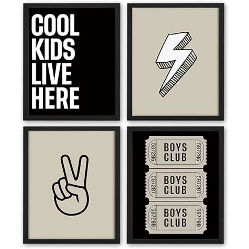 NaZaUK Boys Room Decor, Kids Bathroom Decor, Cool Kids Live Here Poster Prints for Boy Teen Room, Toddler Boy Room Decor, Nursery Wall Art for Playroom, 4pcs 8x10inches Unframed