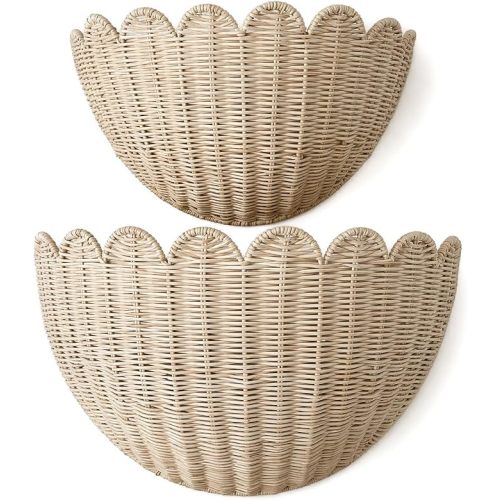2pcs woven wall baskets,Natural rattan weaving,scalloped wall basket,hanging basket,16" x 10" x 7"In & 14" x 8" x 6"In
