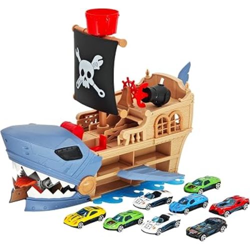 Shark Pirate Ship Car Playset with Biting-Swallowing, 8 Metal Cars