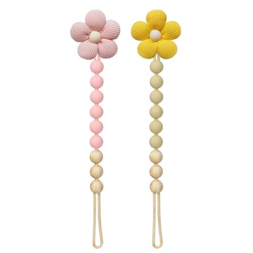 2Pcs Flower Pacifier Clip, 100% Food-Grade Silicone Pacifier Clip with Soft Fabric Daisy, Secure One-Piece Design, Easy to Clean, Baby Shower Gift for Girls Boys