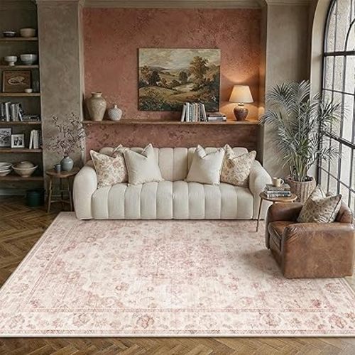 6x9 Washable Neutral Area Rug Pink Vintage Living Room Bedroom Carpet Non-Slip Soft Low Pile Floral Indoor Throw Rug for Dining Room Entryway Office