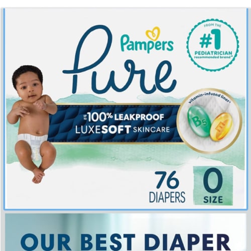 Pampers Pure Protection Baby Diapers, Size 0 (>10 lbs), 76 Count, Up to 100% Leakproof, Premium Plant-Based Skin Protection, Hypoallergenic Soft Diapers