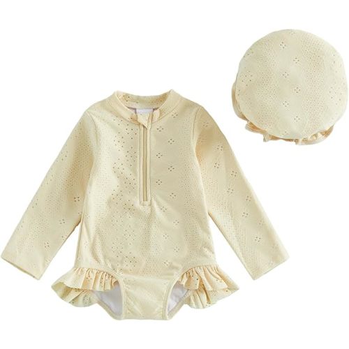 Yccutest Toddler Girl Solid Swimsuit Baby Long Sleeve Rash Guard Bathing Suit Girl One Piece Hollow Out Swimwear with Sun Hat