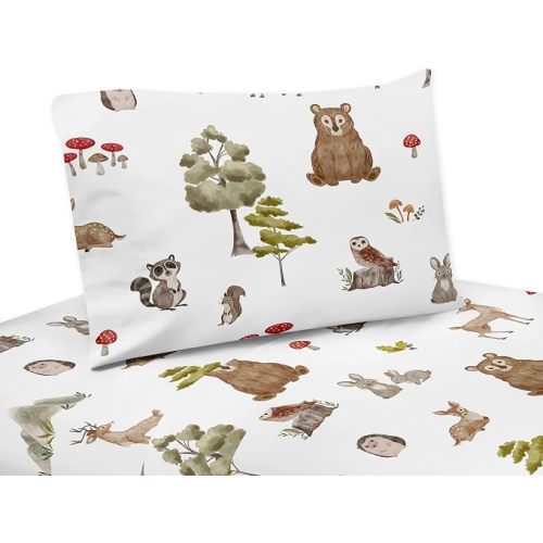 Sweet Jojo Designs Woodland Forest Animals Boy Girl Gender Neutral Unisex Twin Sheets Set Single Size Bed Flat Fitted Sheet Pillow Case Kid Children Teenager Bedding 3p Bear Fox Hedgehog Deer Squirrel
