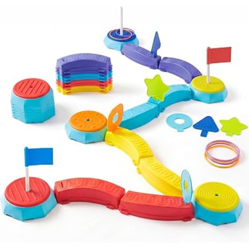 Plat-Act 4-in-1 Balance Beam & Stepping Stones for Kids Ages 3+, Obstacle Course Toy with Ring Toss & Flag Game, Non-Slip & Easy to Store & Clean, Indoor Outdoor Balance Play for Toddlers