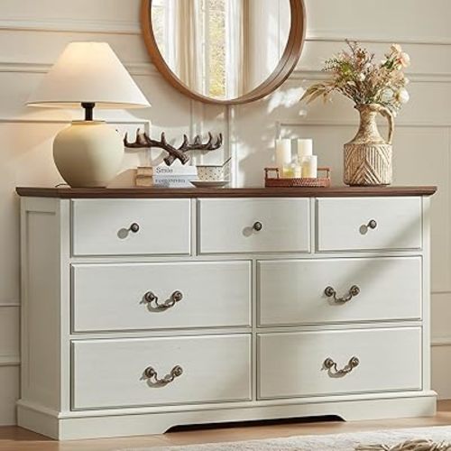 Farmhouse 7 Drawer Dresser for Bedroom,54" Wide Wood Rustic Chest of Drawers,Farmhouse Chest of Drawers for Bedroom,Wood Drawer Organizer for Living Room, Hallway,Bedroom,White