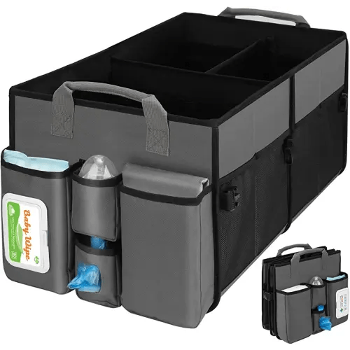 Collapsible Trunk Organizer & Diaper Changing Station, Baby Diaper Caddy Organizer with Movable Dividers, Easy-to-Reach for Back Seat Travel Car Organizer, Waterproof Car Trunk Organizer Groceries