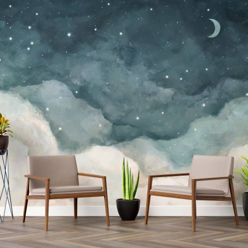 Starry Night Sky Watercolor Wallpaper Mural - Celestial Moon & Stars