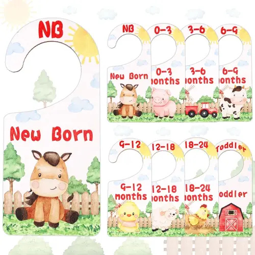 Baby Closet Dividers 8PCS, Farm Animal Theme Wooden Double-Sided Clothes Size Hanger Organizer from Newborn to Toddler for Nursery Decor Baby Shower Birthday Gift