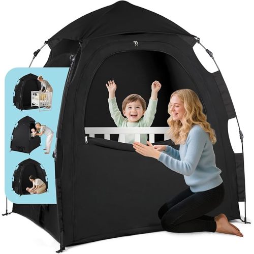 Blackout Tent for Pack and Play - One-Click Opening Pack N Play Blackout Cover - Black Out Tent for Sleep Pod & Mini Crib, Breathable Crib Blackout Cover Block 95% Light