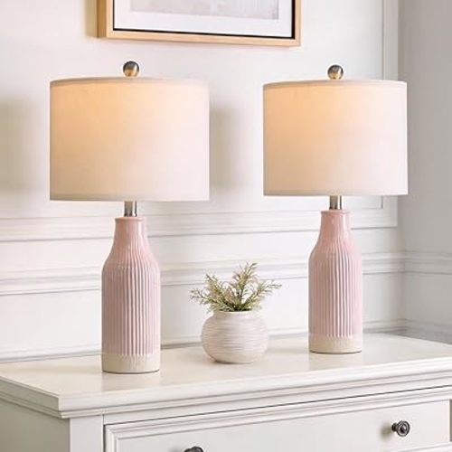 USumkky 23.75inch Pink Modern Ceramic Bedside Lamp Set of 2 with 5FT Cord for Bedroom Decor Farmhouse Table Lamp for Living Room Office Dorm