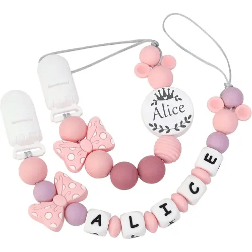 Personalized Pacifier Clip with Name, Customizable Pacifier Clip (2 Pack) (Mouse-Pink)