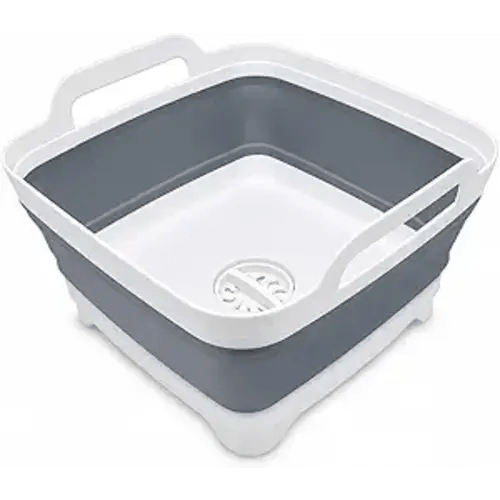 2.4 Gal(9L) Collapsible Dish Basin with Drain Plug, Space Saving Outdoor Multiuse Foldable Sink Tub, Dishpan, Kitchen Storage Tray for Camping, Vegetable Washing, RV (Gray)