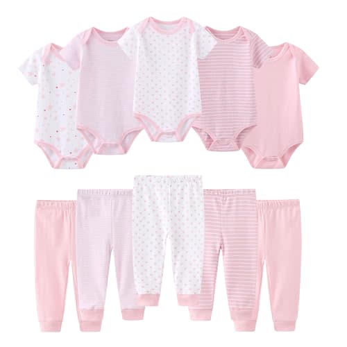 Ruliby Baby Bodysuit and Pant Set 10-pcs Cotton Soft Newborn Boy Girl Clothes Outfits