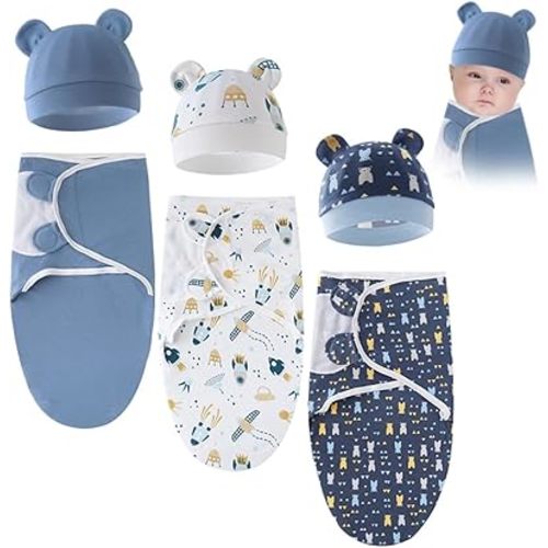 EUBUY Baby Swaddle Sleep Sack with Hat Set for 0-3 months, 3-Pack Soft Cotton Swaddle Outfit for Newborn Sacks Soft Cotton Wearable for Girl and Boy