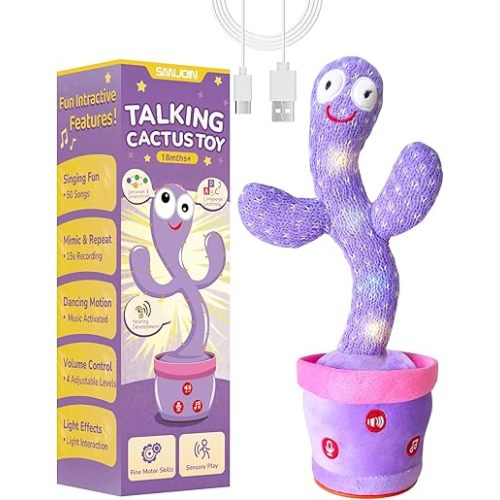 SANJOIN Rechargeable Dancing Talking Cactus Toy for Baby Toddlers, Baby Cactus Toy Volume Adjustable, Singing, Mimicking & Recording, Interactive Plush, Stable Base, Baby Toys Gifts for Girls Boys