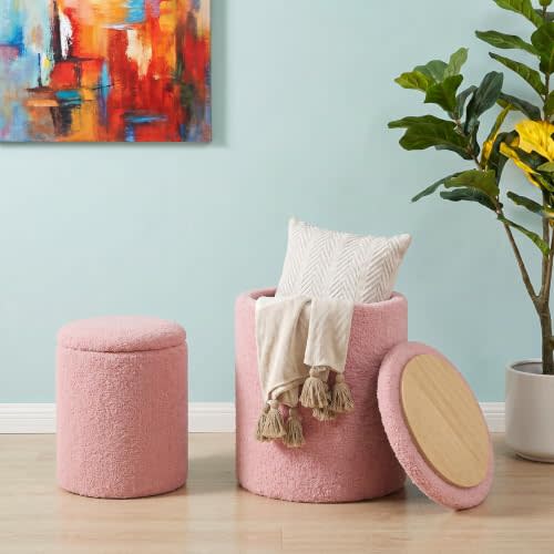 Round Storage Ottoman Set of 2 | Sherpa Storage Ottoman with Hidden Storage, Upholstered Round Foot Stool with Wooden Tray Top, Living Room, Bedroom