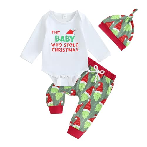 Newborn Baby Boy Girl Christmas Outfit The Baby Who Stole Christmas Romper Bodysuit Pants Xmas Hat Set 0?18M