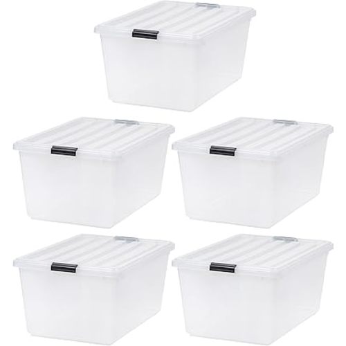 IRIS USA 68 Quart / 17 Gal. Stackable Plastic Storage Bins with Lids and Latch Buckles, 5 Pack - Pearl, Large Containers for Home and Office Ultra Organization, Durable Nestable Tote Box Tub