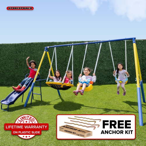 Sportspower Super Flyer Swing Set with 2 Flying Buddies, Saucer Swing, 2 Swings, Lifetime Warranty on Slide, and Bonus Anchor Kit, Great for Kids Aged 3-8