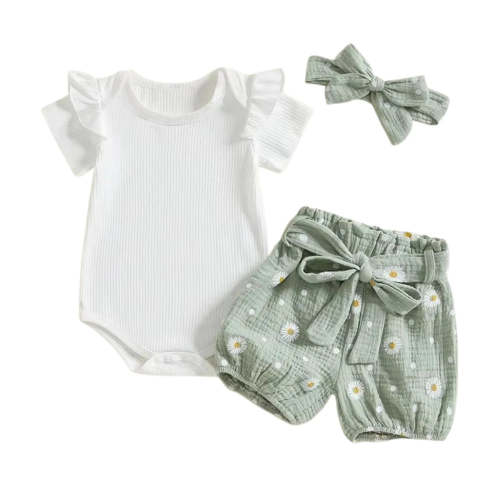 Baby Girl Summer Ribbed Romper Set with Daisy Shorts & Headband – (3 Piece Outfit - 3-24M)