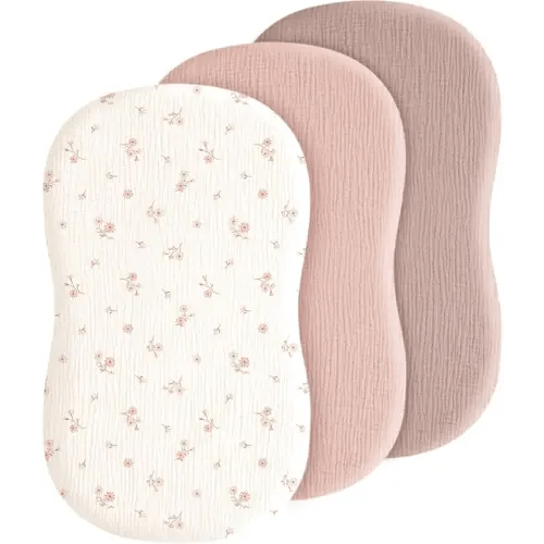 Baby Bassinet Sheets 3 Pack for Boys & Girls, Soft Breathable Muslin Cotton Bassinet Mattress Cover, Universal Fit for Hourglass, Oval, and Rectangle Mattress (Daisy Petal)