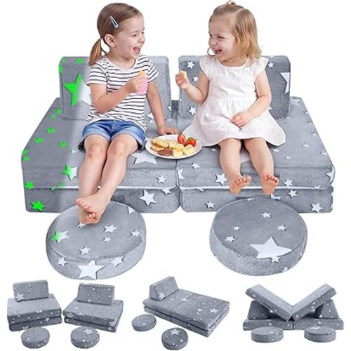 MeMoreCool Kids Play Couch, 8-Piece Modular Toddler Couch with Glow in The Dark Stars – Convertible Fort Builder Kids Sofa, Soft Foam Indoor Climbing Furniture with Washable Covers for Boys and Girls