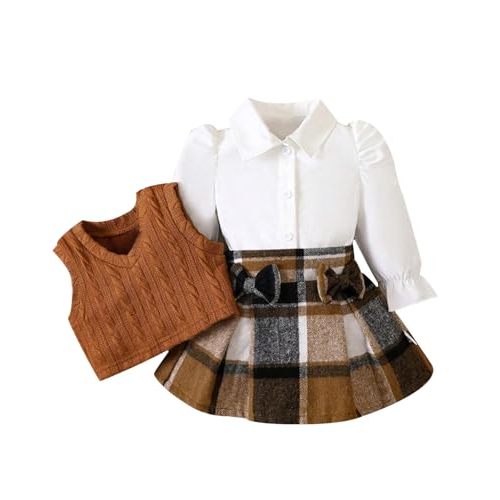 ChuYuKu Baby Girl Fall Clothes 6M-4Y Puff Sleeve Blouse+Tartan Pleated Skirt+Vest Set, Infant Toddler Girl Outfits
