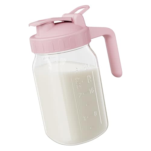JunVpic Breast Milk Pitcher Jug - 32 oz Glass Mason Jar Airtight Pitcher with Pour Spout Handle for Breastmilk, Iced Tea, Ice Drinks Storage ContainerPink
