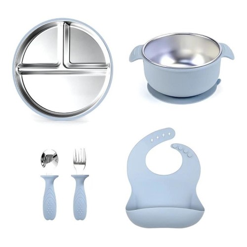 Toddly Mealmate V2 Upgraded Stainless Steel Feeding Set With Silicone Suction Cover for Baby-Led Weaning - Grey Blue