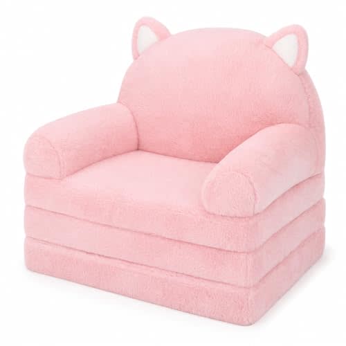 MONKISS Kids Couch, Comfy Toddler Chair, 2 in 1 Fold Out Kids Sofa | Baby Sofa Pink Cat Machine-washable Removable Cover, Ages 1-4, for Reading, TV and Playroom, Birthday Gift for Girls