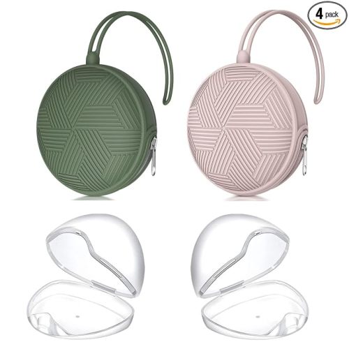 4 Pack Pacifier Holder Case Set,2 Silicone Portable Pacifier Cover Pouch Bag for Diaper Bags Baby Carriage with 2 Transparent Pacifier Storage Container Box,Easy to Clean,Boho(Green+Pink)