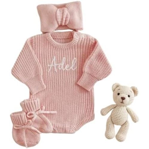 Personalized Embroidered Baby Boy Girl Clothes Outfits,Custom Name Baby Romper Set, Cotton Knit Long Sleeve Romper