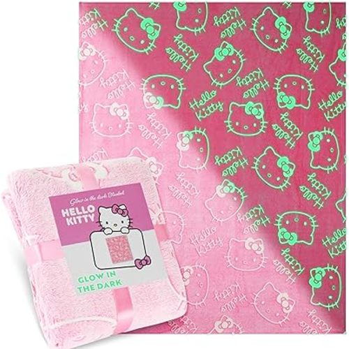 Hello Kitty Sanrio Glow in The Dark Throw Blanket 51x59” for Girls Teens Women, Soft Fleece Throw Blanket for Sofa Bed, Kawaii Gifts for Kids (Pink Hello Kitty)