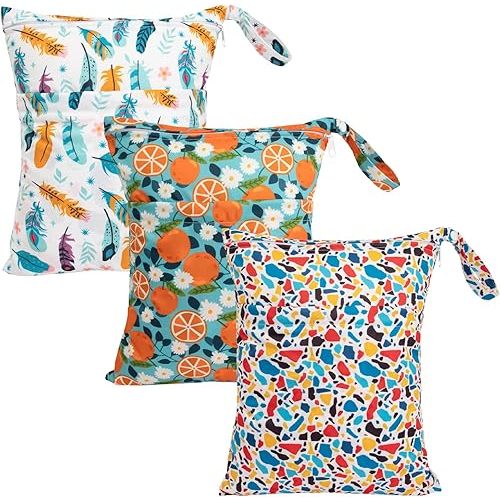babygoal Wet Dry Bags for Baby Cloth Diapers, Washable Travel Bags, Beach, Pool, Gym Bag for Swimsuits & Wet Clothes with Two Zippered Pockets 3 Pack, 3LN21