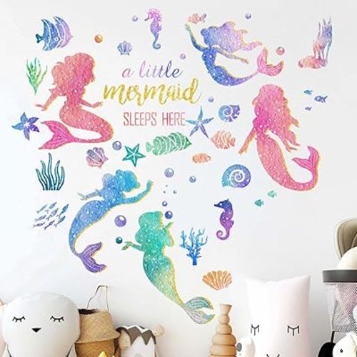 Baby Girls Mermaid Wall Decals - Under The Sea Marine Theme Wall Stickers - Nursery Kids Room Daycare A Little Mermaid Sleeps Here Wall Decor