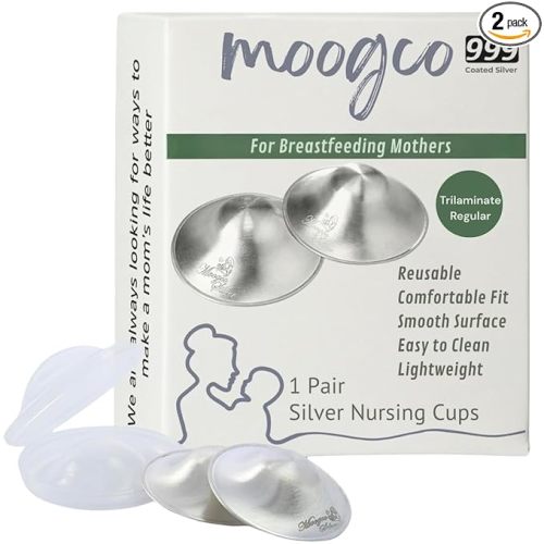 MOOGCO The Original Silver Nursing Cups - Nipple Shields for Breastfeeding Newborn - Breastfeeding Essentials - 999k Tri-Laminate Silver Nipple Covers (Regular Size, Set of 2)