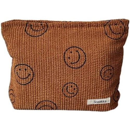 Cosmetic Bags for Women - Corduroy Cosmetic Bag Aesthetic Women Handbags Purses Smile Dots Makeup Organizer Storage Makeup Bag Girls Case Bags (A-Brown)