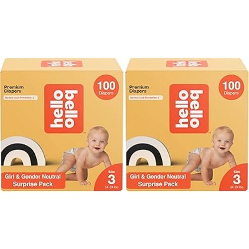 Hello Bello Premium Diapers, Size 3 (14-24 lbs) Surprise Pack for Girls - 100 Count, Hypoallergenic with Soft, Cloth-Like Feel - Assorted Girl & Gender Neutral Patterns (Pack of 2)