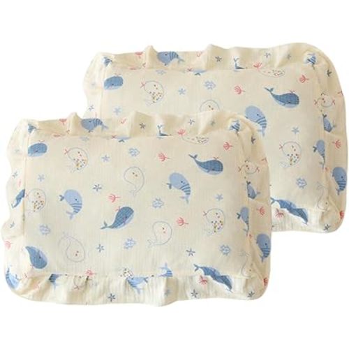 100% Cotton Muslin Toddler Pillowcase 2 Pack，13"x 18" Ultra Soft Breathable Travel Pillow Case Cover,Ruffle Pillow Case for Newborn,Nursery,Boys,Girls,Machine Washable
