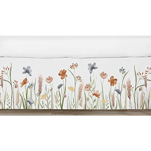 Sweet Jojo Designs Boho Floral Garden Flower Baby Crib Skirt Bed Dust Ruffle Bedskirt for Nursery Sage Green Watercolor Bohemian Floral Farmhouse Wildflower Vintage Shabby Chic White Beige Nature