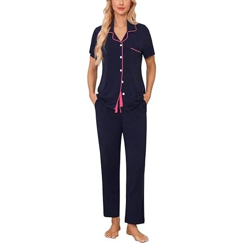 Samring Women Pajamas Sets 2 Piece Short Sleeve Soft Sleepwear Pjs Lounge Set Button Down Nightwear with Long Pants
