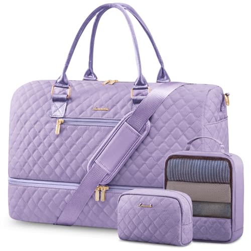 LOVEVOOK Travel Duffle Bag for Women, Weekender Overnight Bag with Shoe Compartment, Carry on Bag with Toiletry Bag, Gym Duffel Bag with Wet Pocket, Hospital Bags for Labor and Delivery 3 Pcs Set