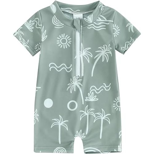 Toddler Baby Boy Swimsuit One-Piece Zipper Starfish Tree Print Bodysuit Sunsuit Swimwear Bathing Suit