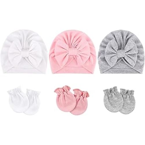BQUBO Newborn Baby Hospital Hats Beanie Bow Infant Caps Baby Cotton No Scratch Mittens Set for 0-12 Months