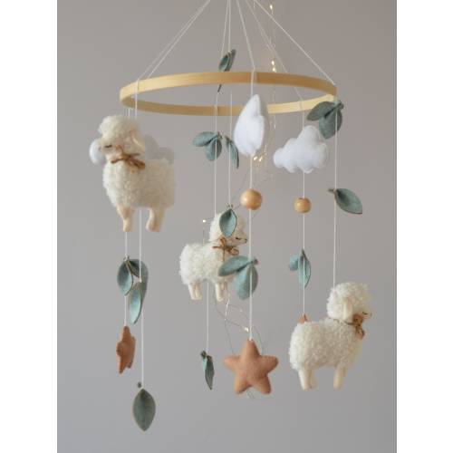 Sheep Baby Mobile: Felt Sheep, Cloud and Star Nursery Decor